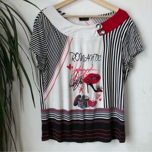MID European Brand Women’s Black Red Color Illustration Striped Tunic Size M